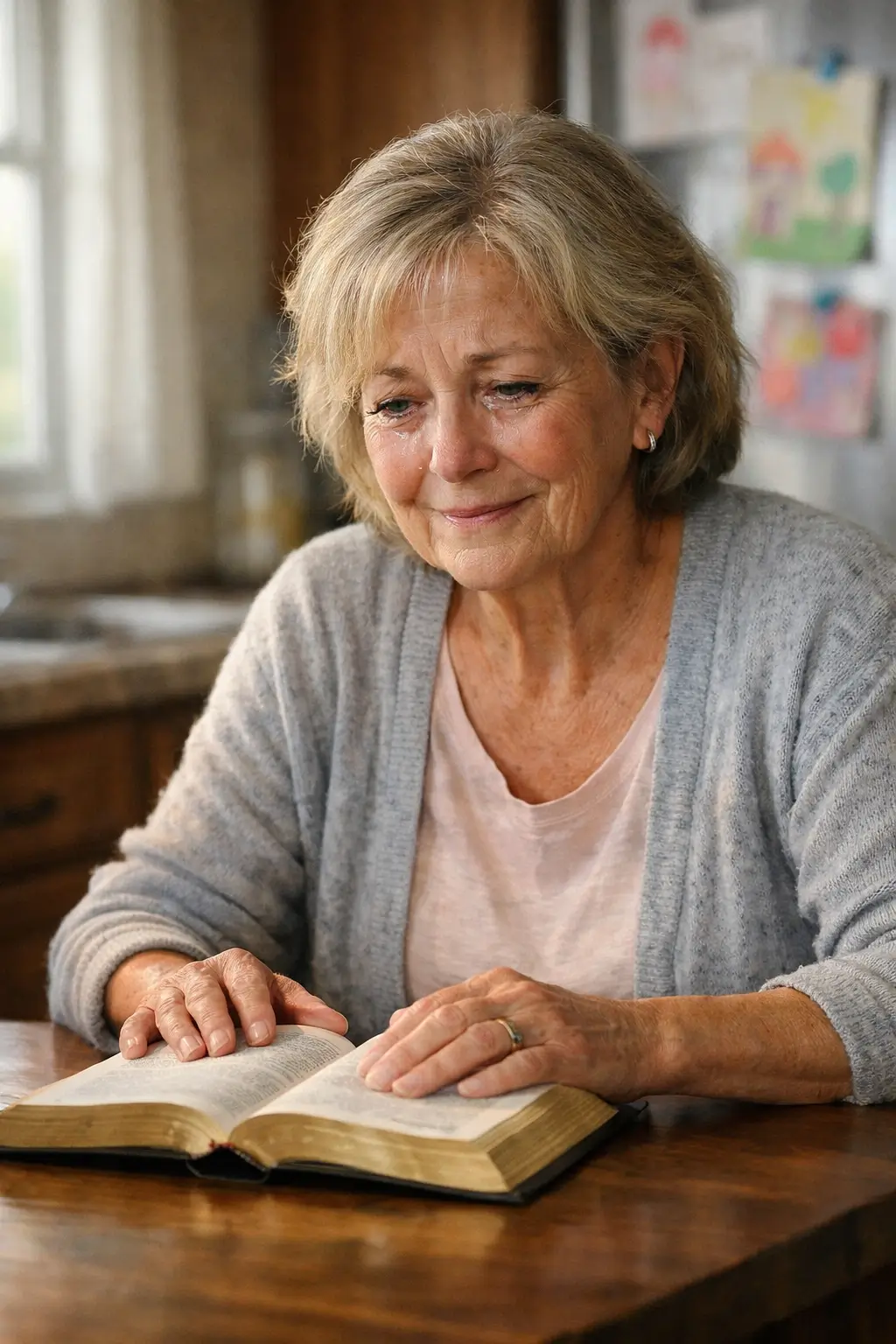 Woman reading her Bible with tears of joy